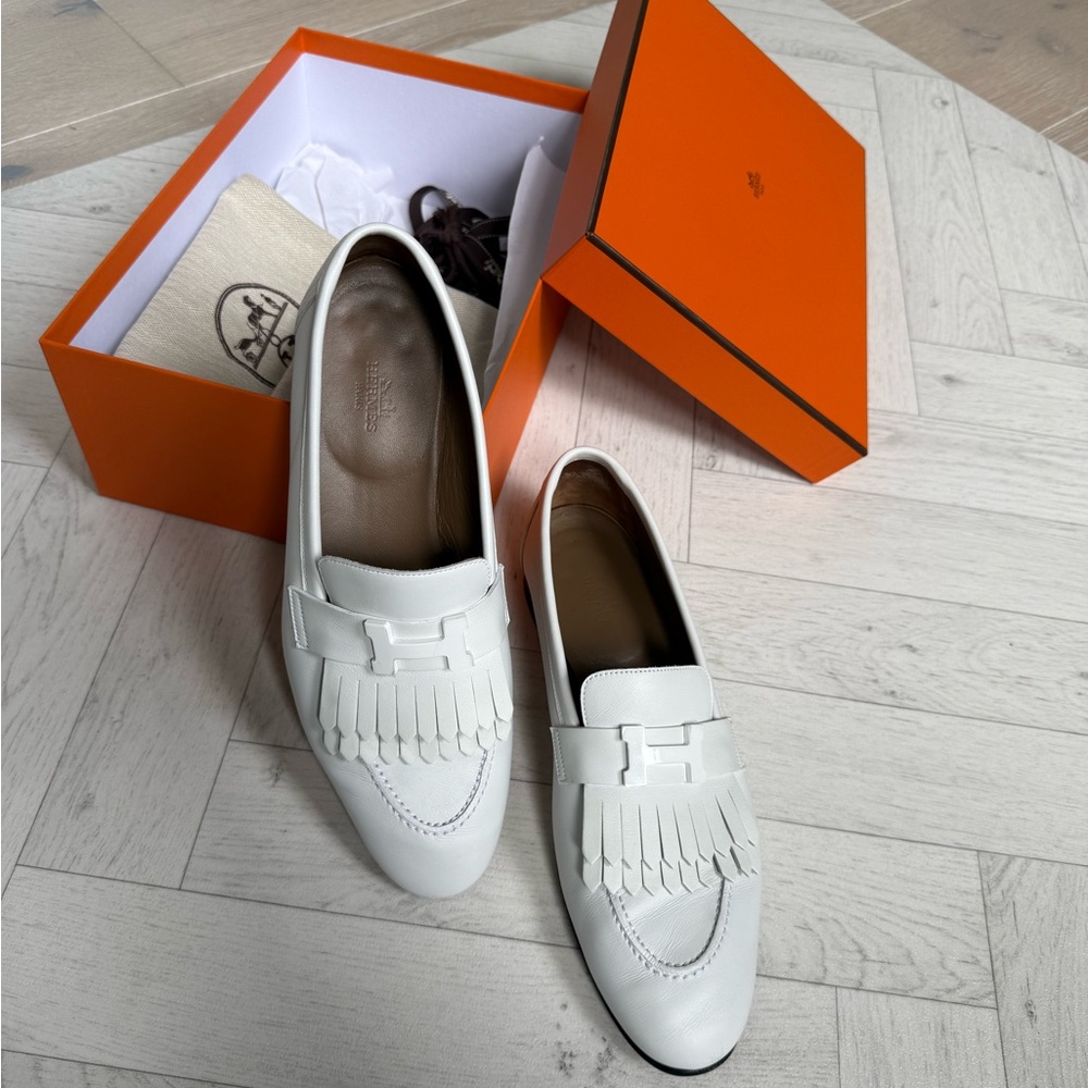 Hermes White Leather Loafers with Fringe Detailing